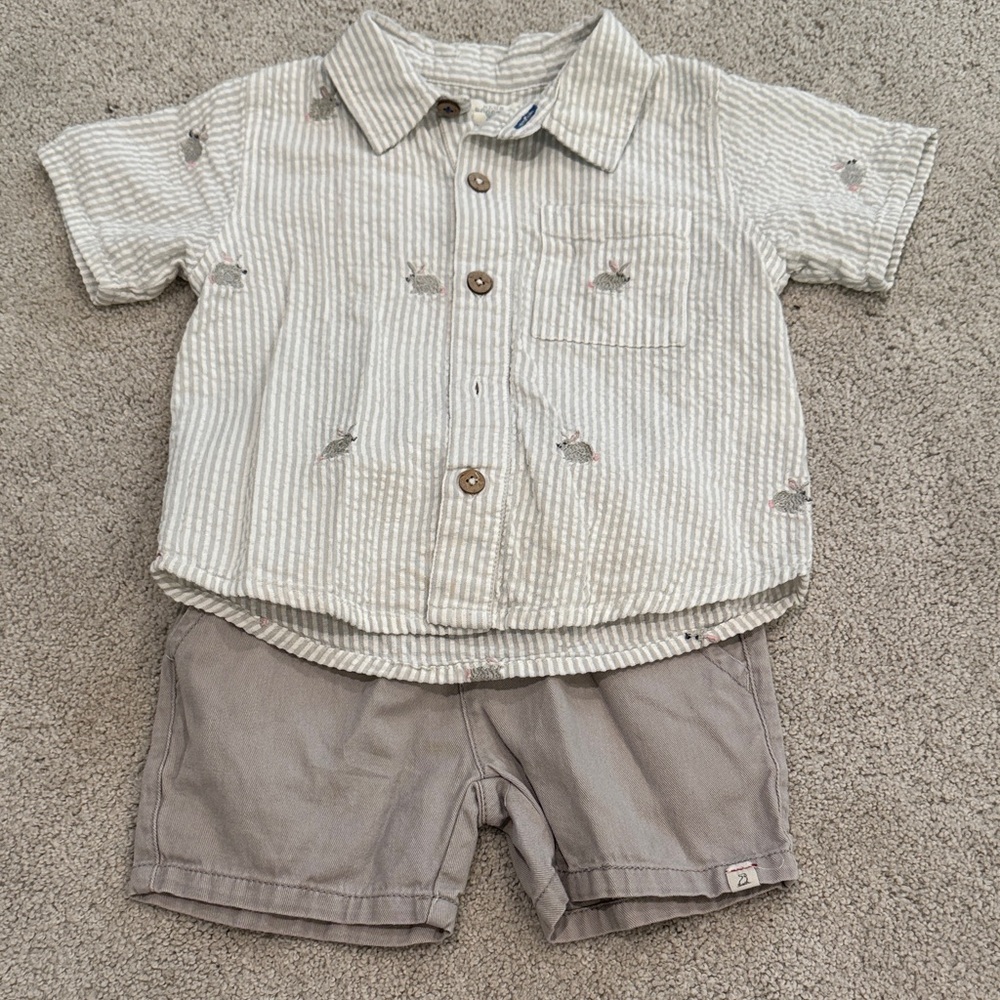 Striped Embroidered Bunnies Short-Sleeve Button Shirt in Cream & Tan + shorts